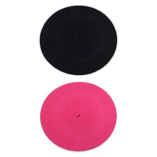French Beret - Wool Solid Color Womens Beanie Cap Hat - color: 2pcs Black and Rose Red