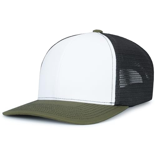 Pacific Headwear Contrast Stitch Trucker Pacflex Snapback Cap - color: White/Light Charcoal/Moss