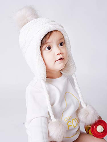 Home Prefer Girls Sherpa Earflaps Hat Toddler Baby Knit Beanie Fuzzy Peruvian Cold Weather Warm Winter Hat - color: Ivory, size: Small