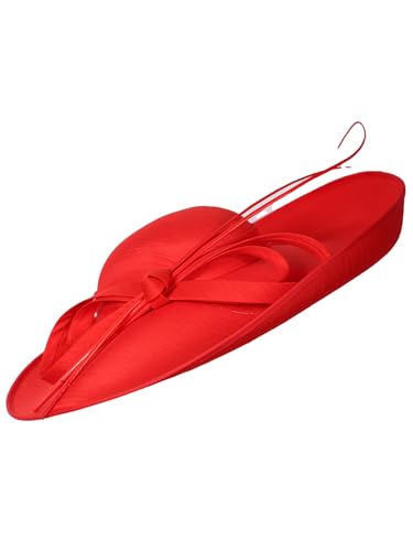Big Wide Brim Fascinator Hats for Women Ladies Kentucky Tea Party Dress Flat Top Fedoras Hat with Bow Feather - color: Red