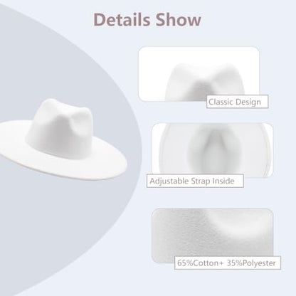 Classic Wide Brim Felt Fedora Hat for Men Women - color: White