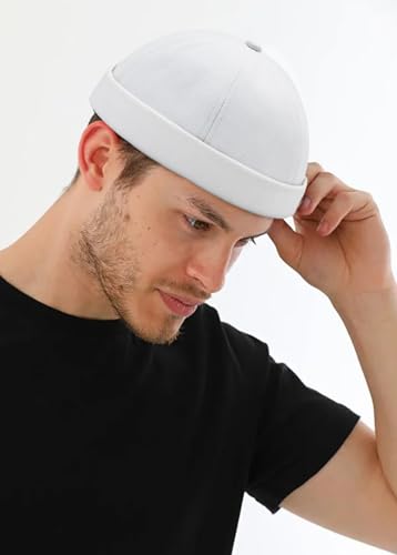 2 Pcs Mens Brimless Docker Cap Set - Retro Worker Sailor Skull Cap Beanie with Rolled Cuff - color: White