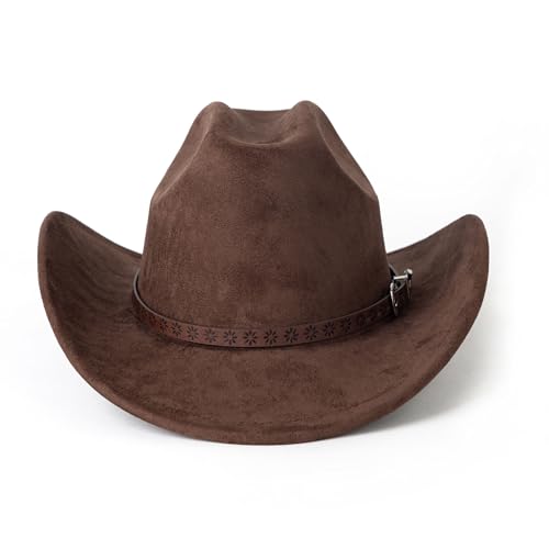 Western Cowboy Hat for Women Men Retro Suede Hat - color: Coffee-small Flower Belt