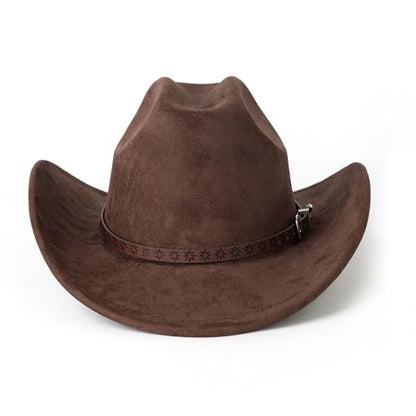 Western Cowboy Hat for Women Men Retro Suede Hat - color: Coffee-small Flower Belt