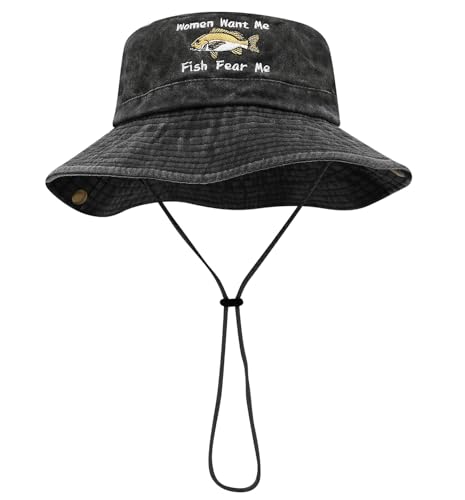 Sun Bucket Hat for Men Women Fishing Beach Safari Trendy Cotton Cowboy Cap for Golf Hiking Hunting Outdoor Boonie - color: Fish Black
