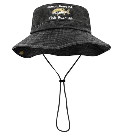 Sun Bucket Hat for Men Women Fishing Beach Safari Trendy Cotton Cowboy Cap for Golf Hiking Hunting Outdoor Boonie - color: Fish Black