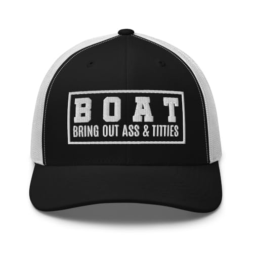 NG Boat Bring Out Ass and Titties Curved Bill Trucker Hat Mid Crown Adjustable Funny Adult Humor Cap - color: Black/ White