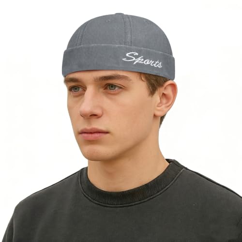 Sailor Brimless Skull Hat, Washed Cotton Docker Hat for Men Vintage - color: B-grey