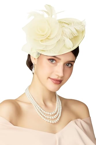 BABEYOND Fascinators Hats for Women Tea Party Mesh Flower Pillbox Derby Hat - color: Beige