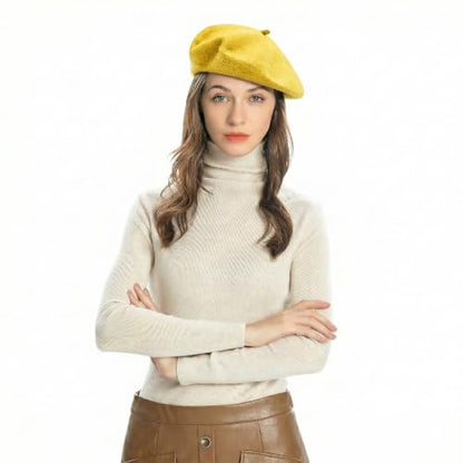ZLYC Wool French Beret Hat Solid Color Classic Artist Cap for Women - color: Basic Yellow