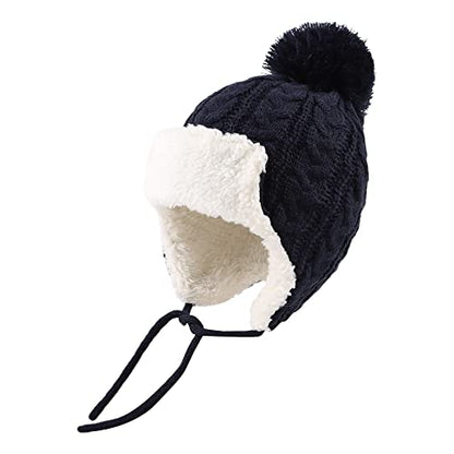 Peecabe Winter Kids Beanie Hat Baby Knitted Hats Fleece Earflap Toddler Cap - color: Navy, size: 6-24 Months
