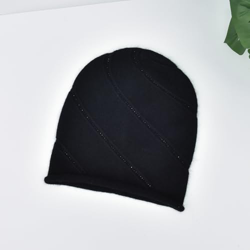 Women's Knitted Angora Wool Hat for Autumn and Winter Warm and Stylish with Rolled Brim and Slanted Rhinestones Cap - color: New-black