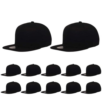 ZH Plain Flat Brim Snapback Baseball Caps Adjustable Blank Baseball Caps Wholesale 12 Pack - color: Black