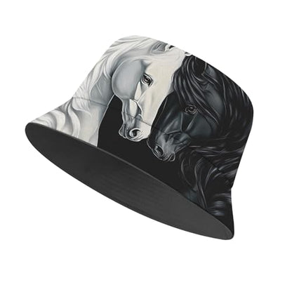 Amasnay Neon Bucket Hat Cotton Double-Side-Wear Reversible Sun Hat for Women Men, Summer Vacation Travel Beach Fisherman Hat - color: Black White Horse