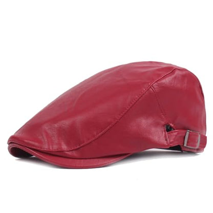 Quanhaigou Men Adjustable PU Leather Ivy Cap Newsboy Hat Women Beret Caps Classic Golf Cap Gatsby Driving Hat - color: Plain Red
