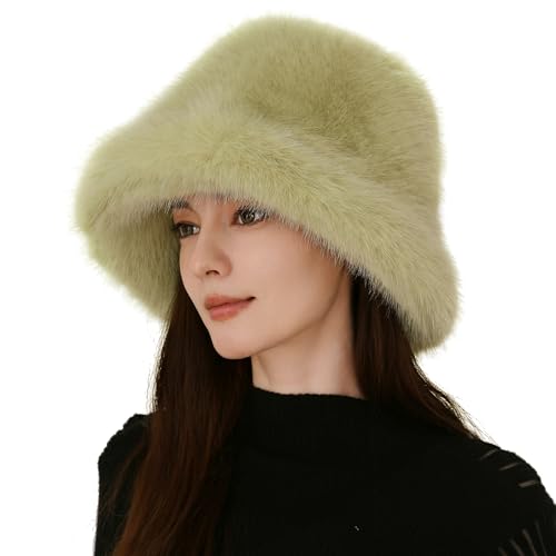 Women's Oversized Faux Fur Bucket Hat, Fluffy Plush Winter Hat, Solid Color - color: Light Green