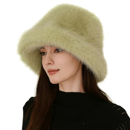 Women's Oversized Faux Fur Bucket Hat, Fluffy Plush Winter Hat, Solid Color - color: Light Green
