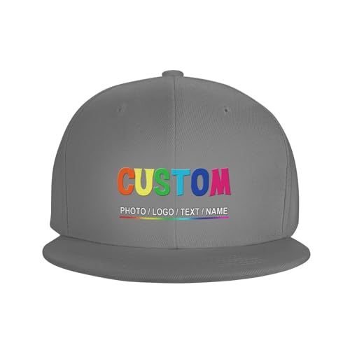 Custom Snapback Hats for Men Personalized Hip Hop Flat Bill Brim Baseball Cap Add Your Own Text Photo Logo - color: Single Color - Grey