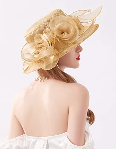 Women Derby Fascinator Hat Organza Church Wedding Hats Wide Brim Cocktail Tea Party Hat - color: 12 Gold