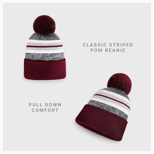 Pom Pom Beanie Cuffed Knit Winter Hat Skull Cap Striped Novelty Men Women - color: (Burgundy)