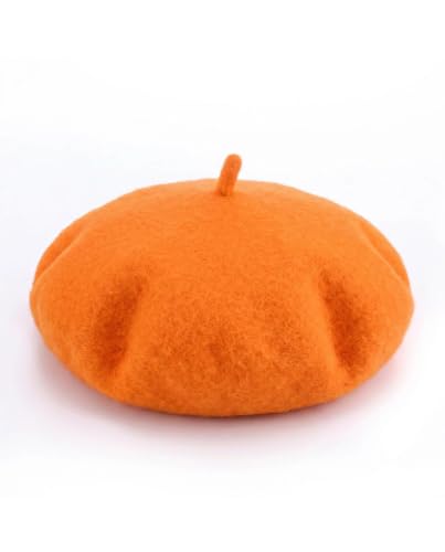 Wool French Beret Hats for Women Classic Winter Beanie Cap - color: Orange