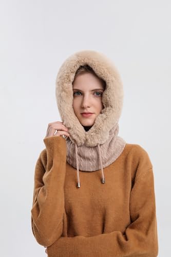 Womens Winter Hats, Warm Hooded Scarf Hat for Women, Fleece Beanie Hat with Drawstring, Balaclava Knit Skull Cap - color: Beige