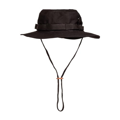 Mil-Tec Unisex Cotton Ripstop Boonie Hat - Durable Lightweight Tactical Outdoor Vented Wide Brim Hat w/Adjustable Chin Strap - color: Black, size: Medium