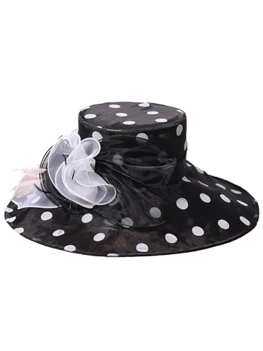 Organza Kentucky Dots Fascinator Hat for Women Ladies Wide Brim Big Sun Hats Wedding Church Hat Derby Cap - color: Black and White