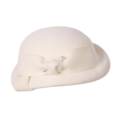 Vintage Wool Felt Cloche Bucket Bowler Hat Women Church Wedding Fascinator Formal Dress Hat Winter Fedoras - color: White
