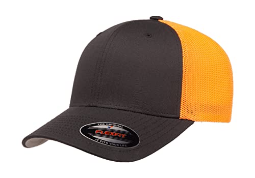 Mrlahat 6511 Flexfit Trucker Mesh One Size Fitted Cap 6 Panels with Black Bandana - color: Charcoal/Neon Orange