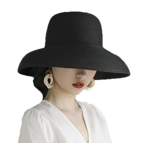 Women Floppy Sun Hat Wide Brim Straw Beach Cap UPF Straw Foldable Sun Hat for Summer - color: Black