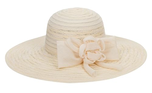 Women Wide Brim Organza Derby Hat Summer Sun Hat Fascinator Bridal Tea Party Wedding Hat - color: Beige-style 2