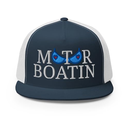NX Motor Boatin Embroidered Flat Bill Trucker Hat High Crown Snapback Cap - color: Navy/ White