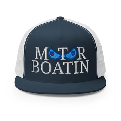 NX Motor Boatin Embroidered Flat Bill Trucker Hat High Crown Snapback Cap - color: Navy/ White