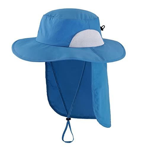 Home Prefer Outdoor UPF50+ Mens Sun Hat with Neck Flap Womens UV Protection Hat Wide Brim Safari Fishing Hiking Gardening Hat - color: Blue