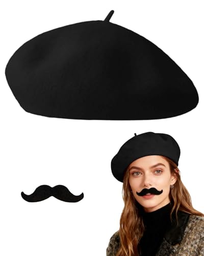 French Beret Hat for Men Women,Moustache Mime Halloween Artist Party Hats Birthday Fancy Costume Classic Wool Beanie Caps Black