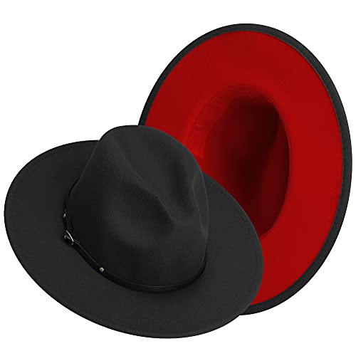 Wide Brim Fedora Hats for Women Mens Felt Fedora Hats With Belt Buckle - color: 1-black/Red, size: Medium