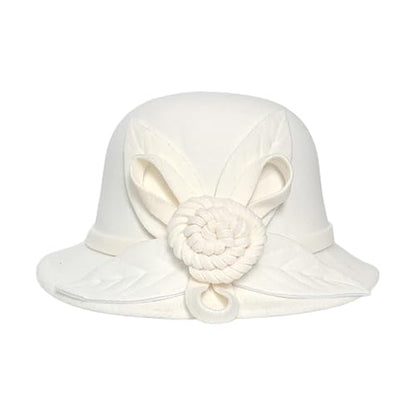 Woolen Cloche Hat for Women, Flower Winter Warm Bucket Cap - color: White