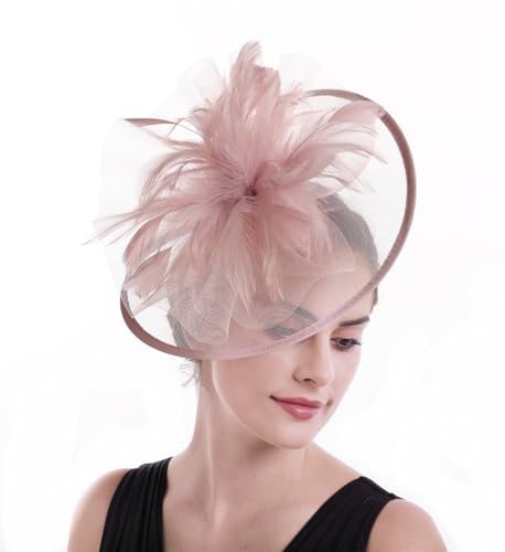 SAFERIN Women's Fascinators Feathers Tea Party Hat Veil Headband with Hair Clip for Cocktail Church - color: A-skin Pink