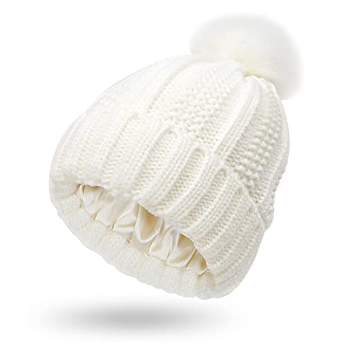 Muryobao Womens Satin Lined Beanie Hat with Faux Fur Pom Cuffed Winter Warm Knit Skull Cap - color: White