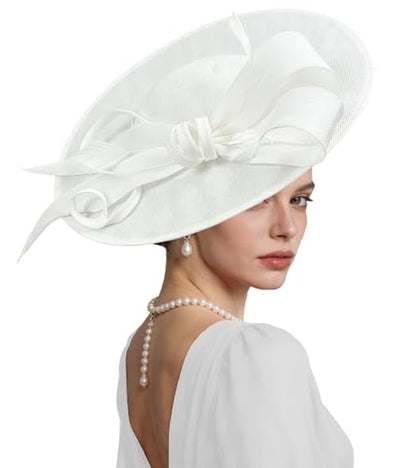 Kgromfy Fascinator Hat Women Wide Brim Tea Party Headband Elegant Church Hat Large Lady Headwear for Derby Wedding Cocktail - color: White