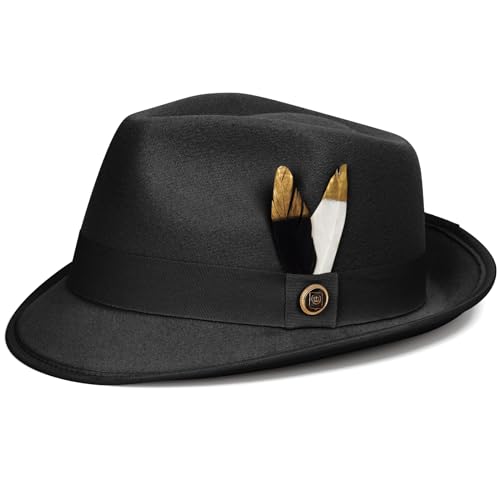 Fedora Hats for Men & Women Short Brim Felt hat Trilby Fedora with Feather Panama Dress Hat - color: Black, size: Large
