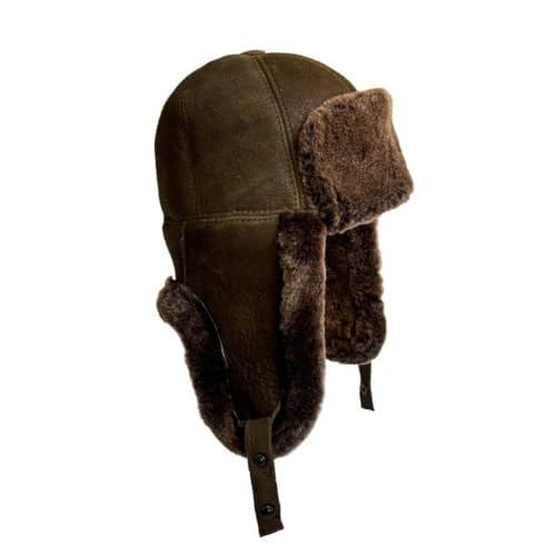 Leather Aviator Russian Ushanka Trapper Shearling Sheepskin Fur Ear Flap Waterproof Winter Hat - color: Whiskey Brown, size: Large
