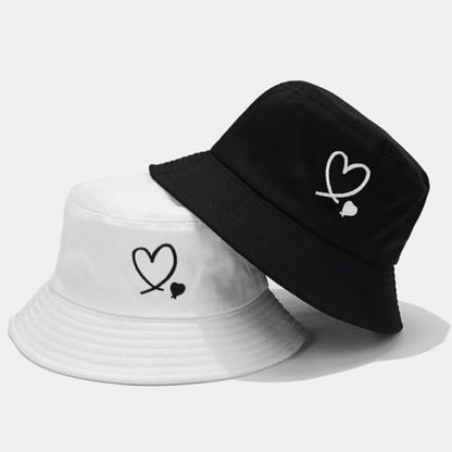 XYIYI Fashion Embroidery Bucket Hat Cotton Beach Fisherman Hats for Women Girls - color: Double Heart Black
