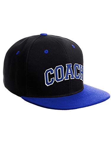 Original Team Coach Snapback Hat Classic Layered Arched Letters Flat Bill Cap - color: Black Royal Hat White Royal Letters