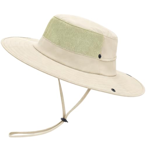 Cooling Sun Bucket Hat, UPF 50+ Wide Brim Boonie Hat with Ponytail Hole - color: 01 Beige