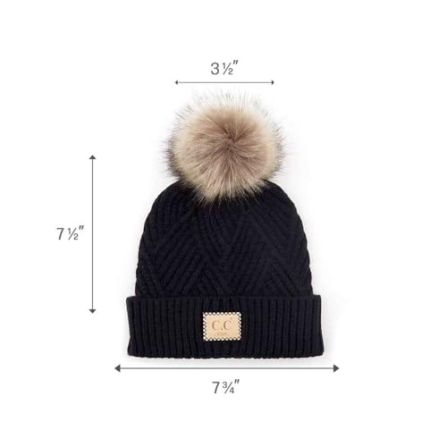 C.C Kids' Suede Patch Snuggly Soft Warm Knit Pom Cuff Beanie - color: Criss Cross Faux Fur, Black