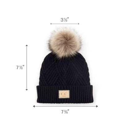 C.C Kids' Suede Patch Snuggly Soft Warm Knit Pom Cuff Beanie - color: Criss Cross Faux Fur, Black