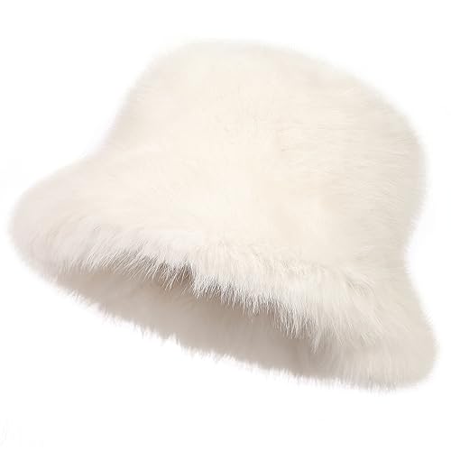 LA CARRIE Women's Fuzzy Wide Brim Faux Fur Bucket Hat Winter Fisherman Cap - color: White