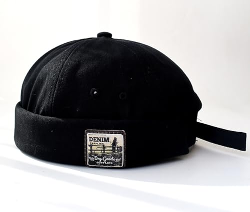 Mens Docker Cap – Brimless Beanie Skull Cap Retro Rolled Cuff Adjustable Cotton - color: Label Denim